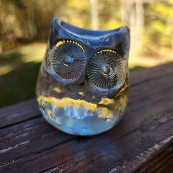 Clear Art Glass Owl Small Paperweight Figure Vintage Handblown Lisa Larson Eyes - Picture 1 of 4